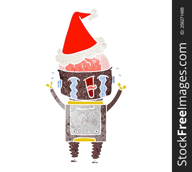 Retro Cartoon Of A Crying Robot Wearing Santa Hat