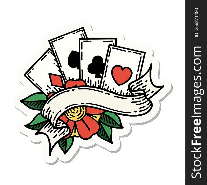 tattoo style sticker of cards and banner