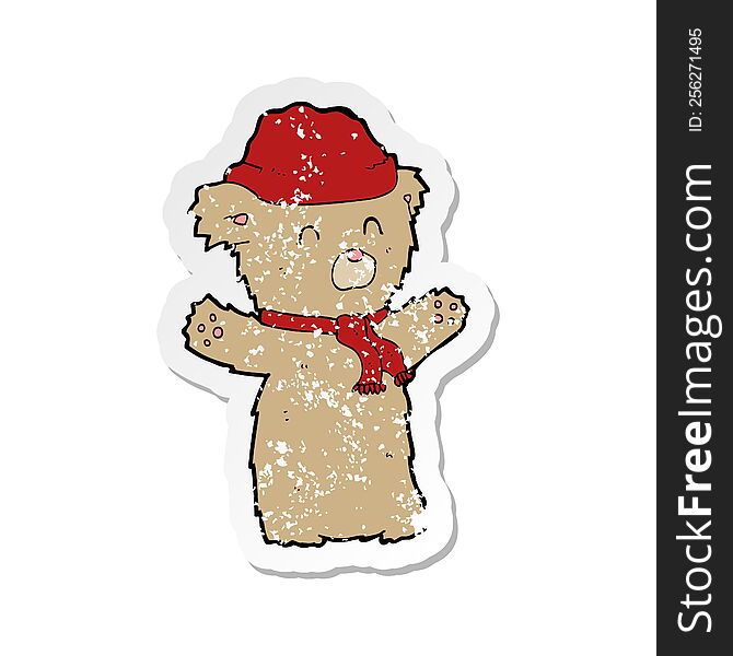 Retro Distressed Sticker Of A Cartooon Teddy Bear In Hat And Scarf