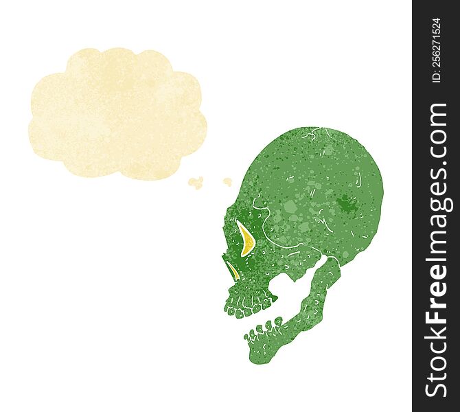 spooky skull illustration with thought bubble
