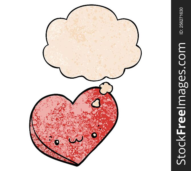 Cartoon Love Heart With Face And Thought Bubble In Grunge Texture Pattern Style