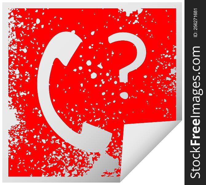 distressed square peeling sticker symbol of a telephone receiver with question mark