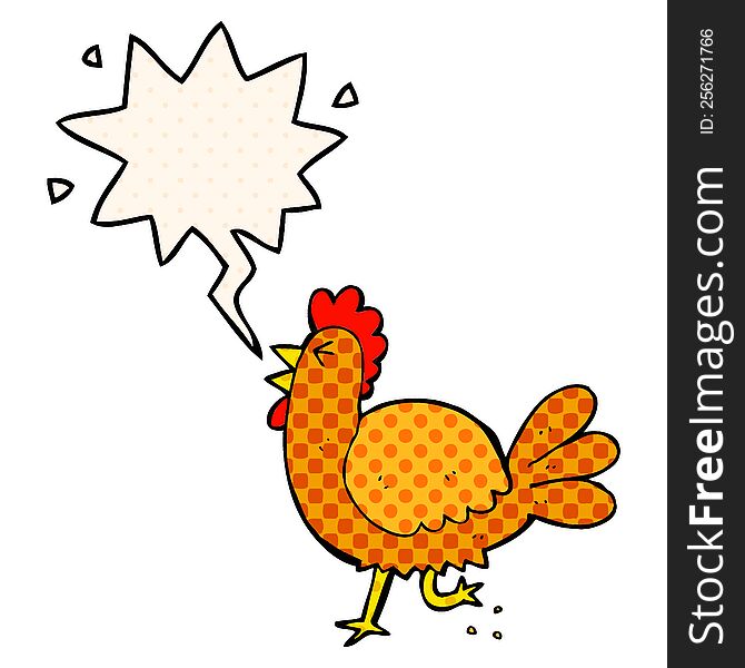 cartoon rooster and speech bubble in comic book style