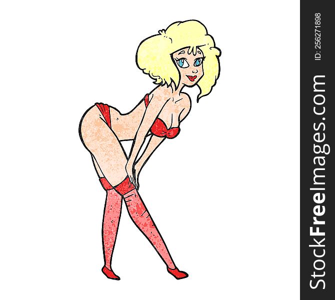 freehand drawn texture cartoon pin up girl putting on stockings