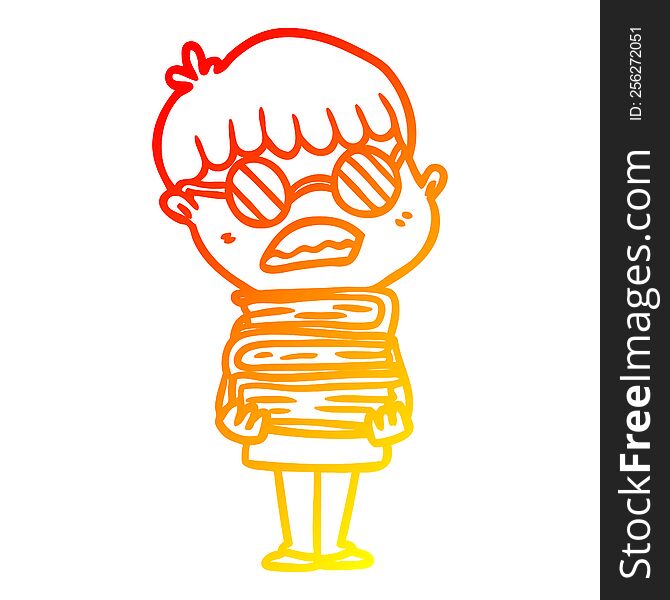warm gradient line drawing of a cartoon boy with books wearing spectacles