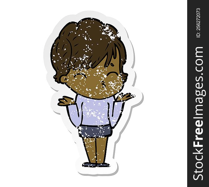 distressed sticker of a cartoon woman thinking