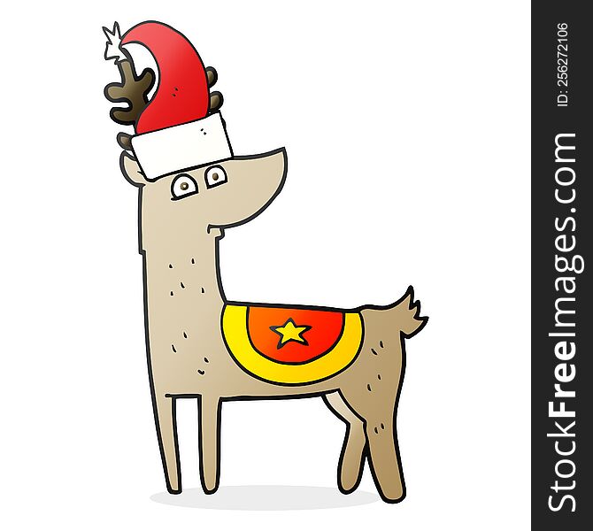freehand drawn cartoon reindeer wearing christmas hat
