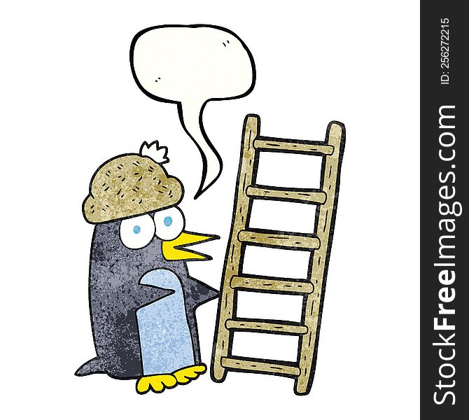 freehand drawn texture speech bubble cartoon penguin with ladder
