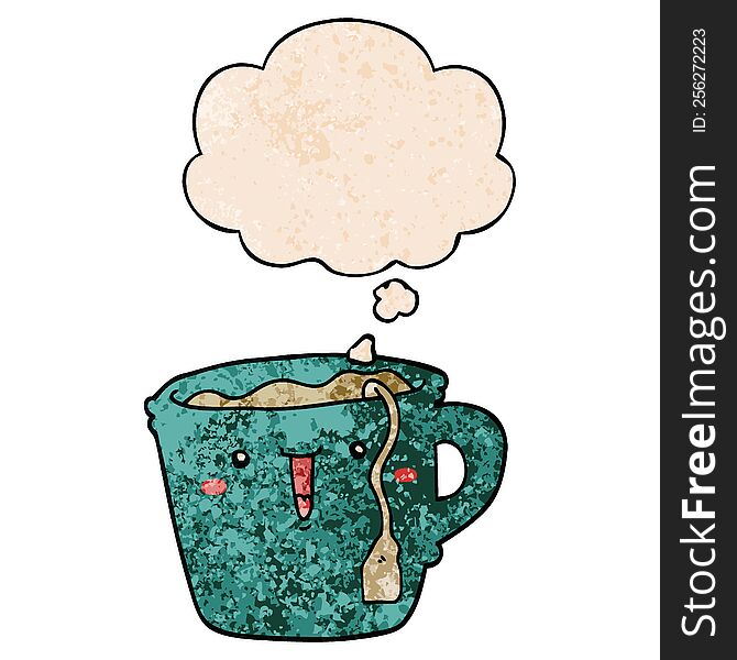 Cute Cartoon Coffee Cup And Thought Bubble In Grunge Texture Pattern Style