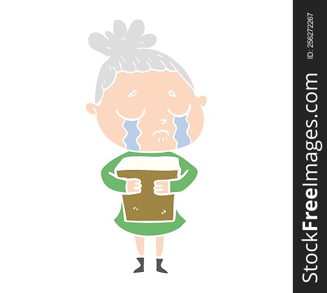 Flat Color Style Cartoon Crying Woman Holding Book