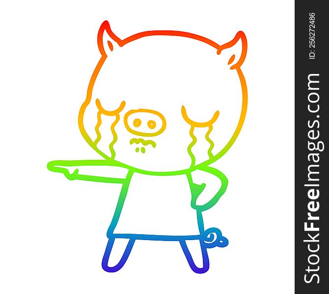 Rainbow Gradient Line Drawing Cartoon Pig Crying Pointing
