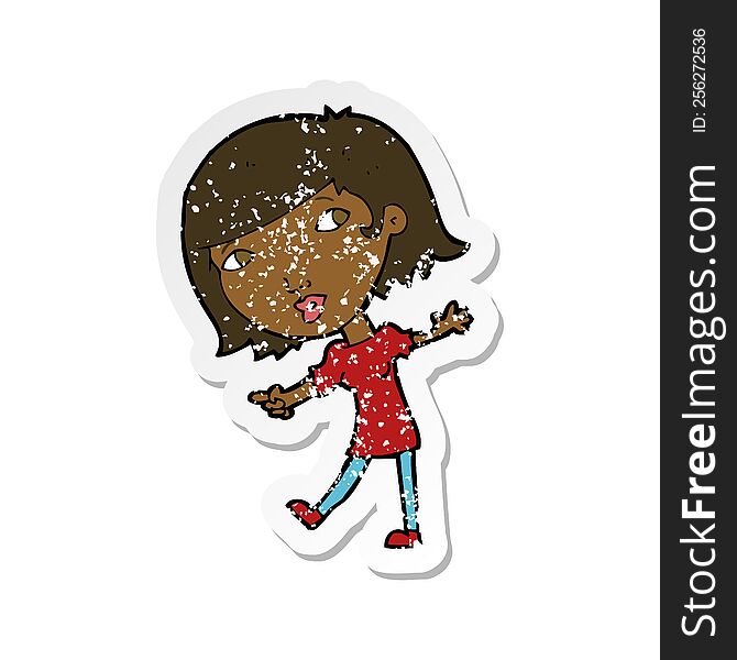 Retro Distressed Sticker Of A Cartoon Happy Girl Gesturing To Follow