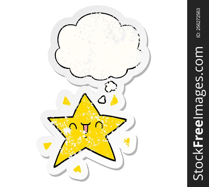 cartoon happy star and thought bubble as a distressed worn sticker