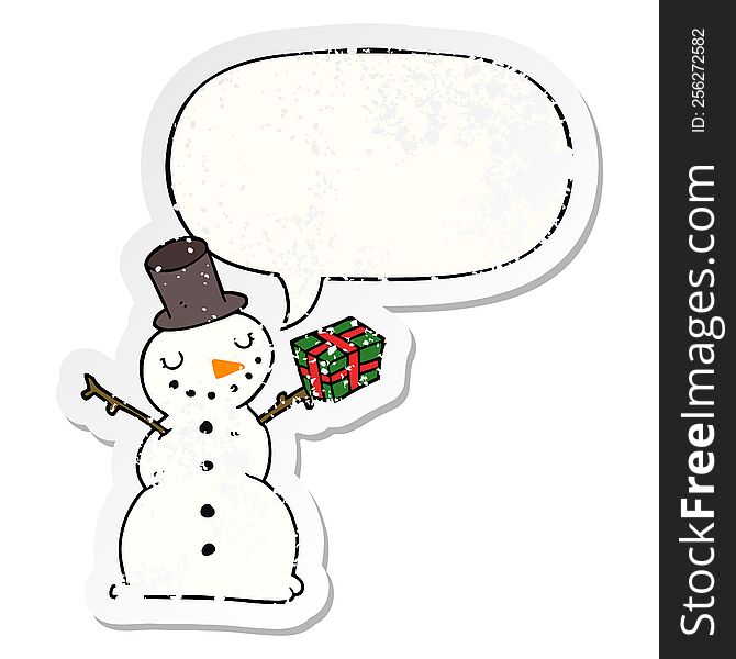 Cartoon Snowman And Speech Bubble Distressed Sticker