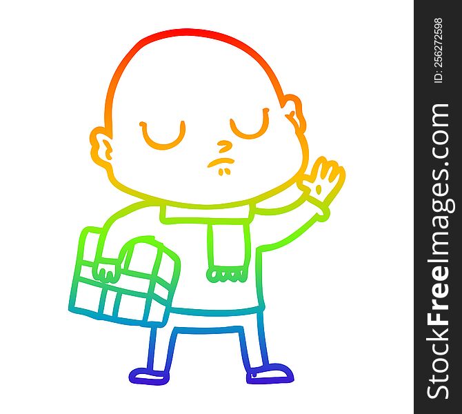 rainbow gradient line drawing of a cartoon bald man with xmas gift