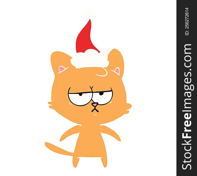 Bored Flat Color Illustration Of A Cat Wearing Santa Hat