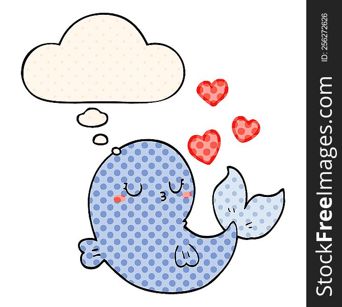 cute cartoon whale in love with thought bubble in comic book style