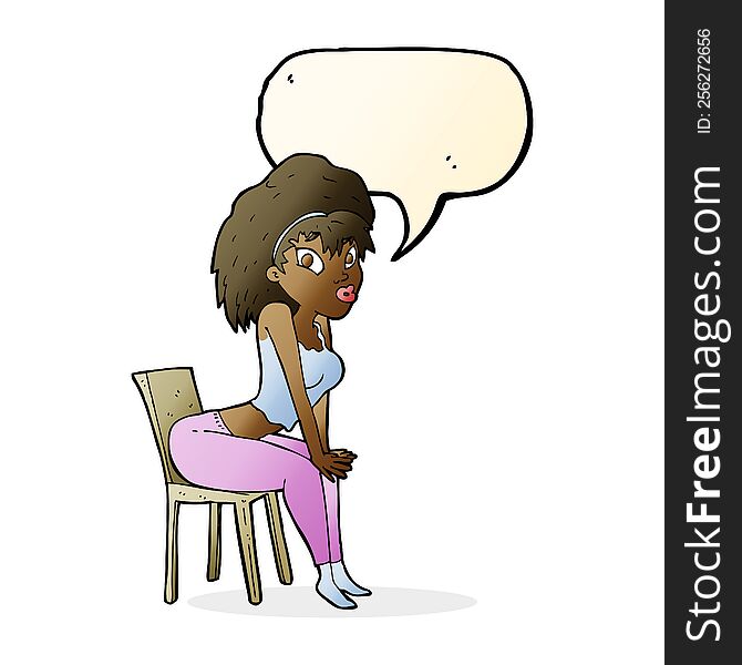 cartoon woman posing on chair with speech bubble