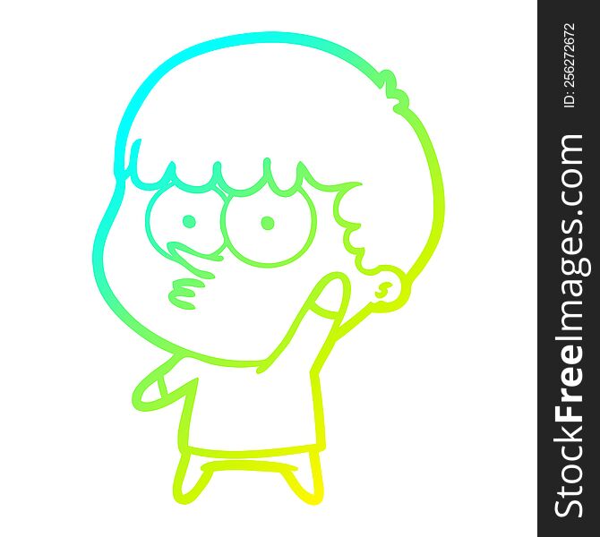 cold gradient line drawing of a cartoon curious boy waving