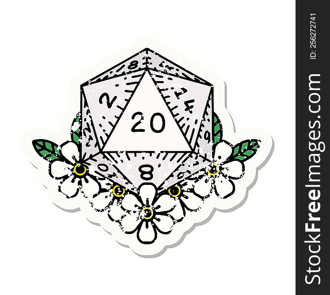 grunge sticker of a natural 20 D20 dice roll with floral elements. grunge sticker of a natural 20 D20 dice roll with floral elements