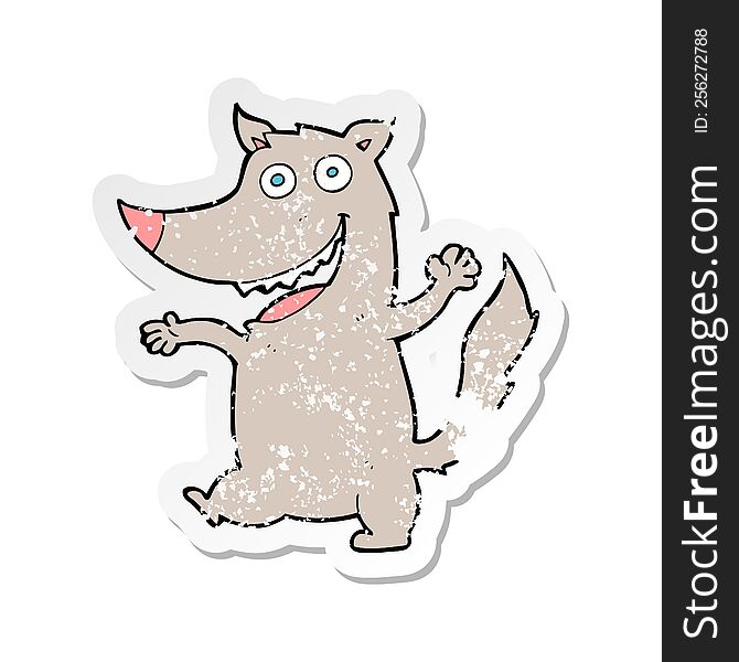 Retro Distressed Sticker Of A Cartoon Happy Wolf