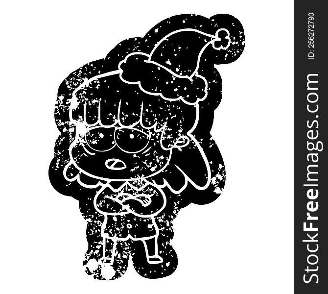 Cartoon Distressed Icon Of A Tired Woman Wearing Santa Hat
