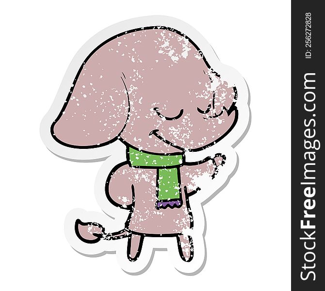 Distressed Sticker Of A Cartoon Smiling Elephant Wearing Scarf