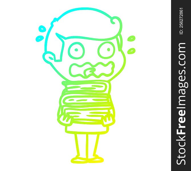 cold gradient line drawing cartoon man with books totally stressed out