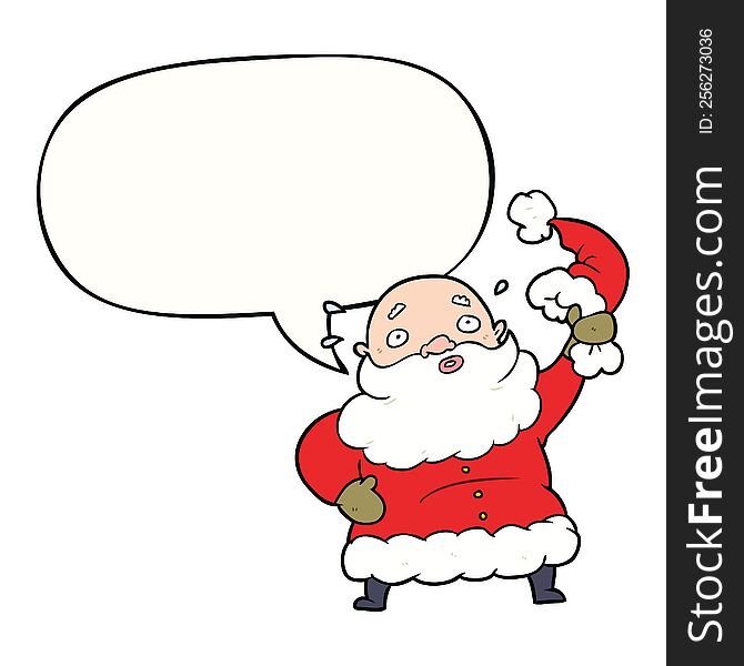 cartoon santa claus waving his hat and speech bubble