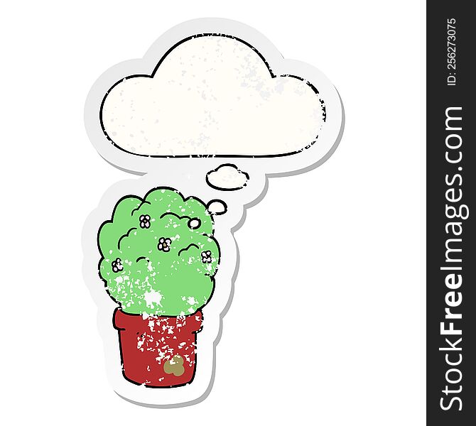 cartoon shrub with thought bubble as a distressed worn sticker