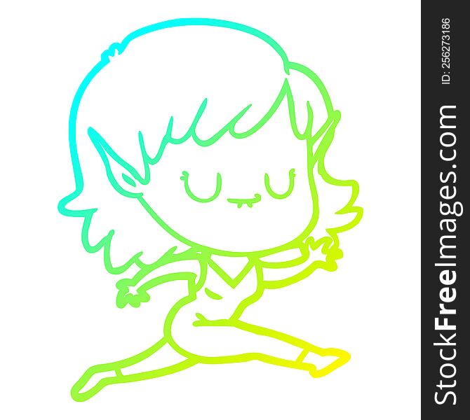 Cold Gradient Line Drawing Happy Cartoon Elf Girl Running