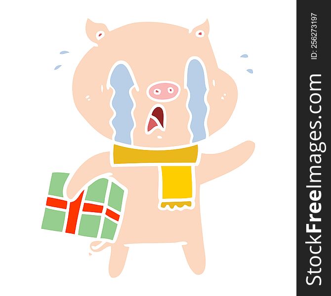 crying pig flat color style cartoon delivering christmas present