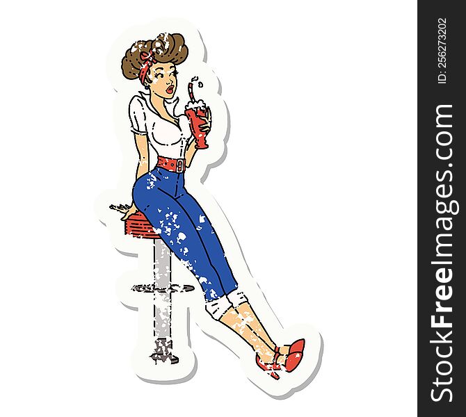 distressed sticker tattoo in traditional style of a pinup girl drinking a milkshake. distressed sticker tattoo in traditional style of a pinup girl drinking a milkshake