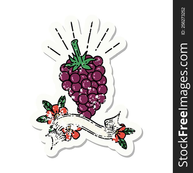 worn old sticker of a tattoo style bunch of grapes. worn old sticker of a tattoo style bunch of grapes