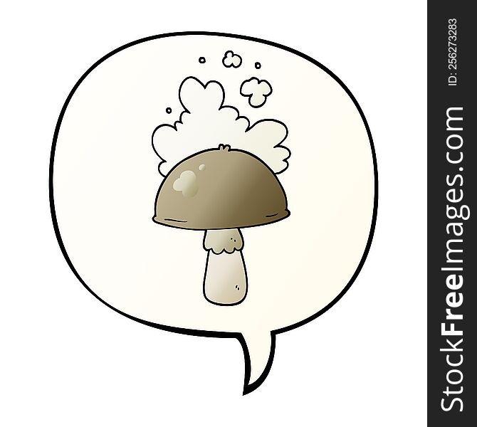 cartoon mushroom with spore cloud with speech bubble in smooth gradient style. cartoon mushroom with spore cloud with speech bubble in smooth gradient style