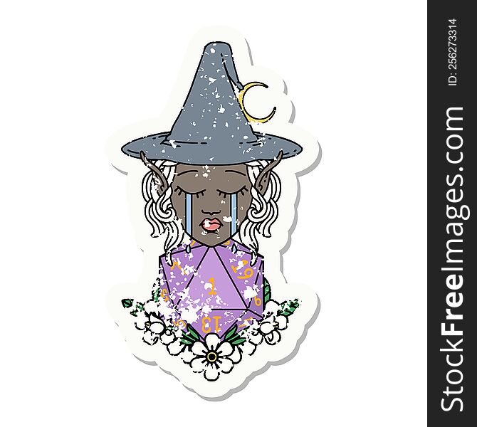 crying elf witch with natural one D20 roll illustration