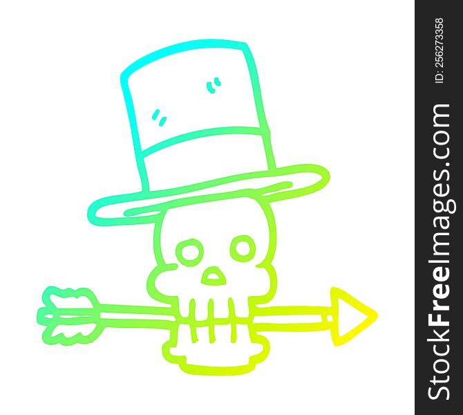 Cold Gradient Line Drawing Cartoon Skull With Top Hat And Arrow