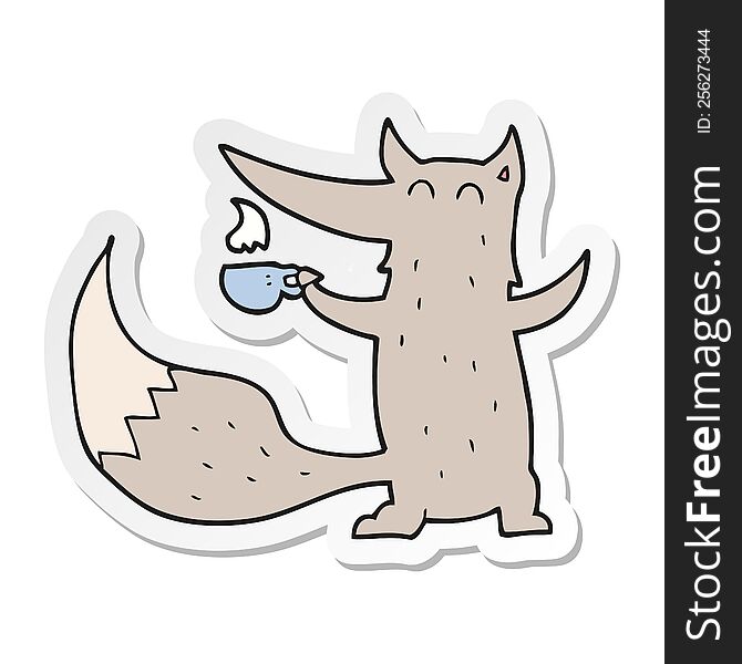Sticker Of A Cartoon Wolf With Coffee Cup
