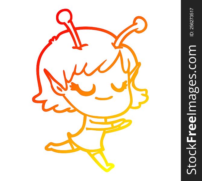 Warm Gradient Line Drawing Smiling Alien Girl Cartoon