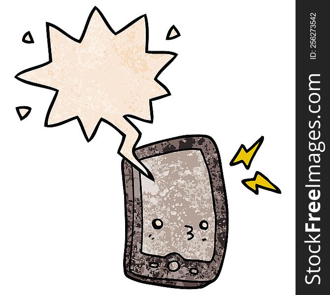 cartoon mobile phone and speech bubble in retro texture style