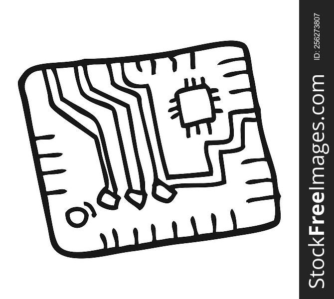 freehand drawn black and white cartoon computer circuitboard