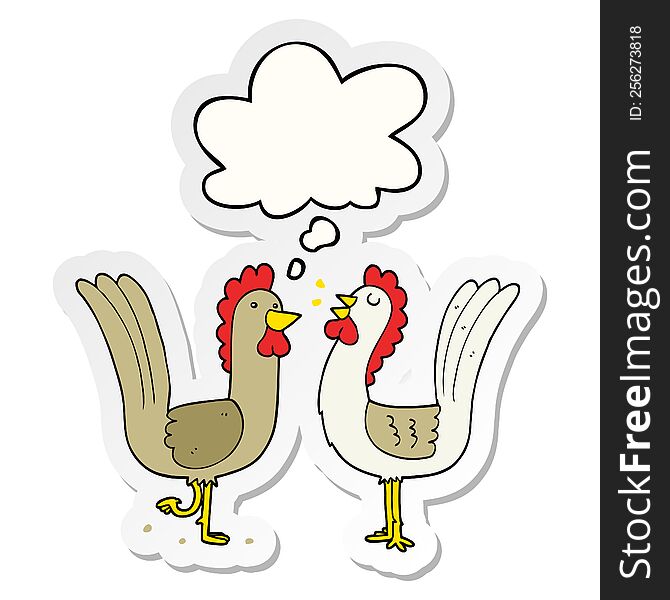 cartoon chickens with thought bubble as a printed sticker