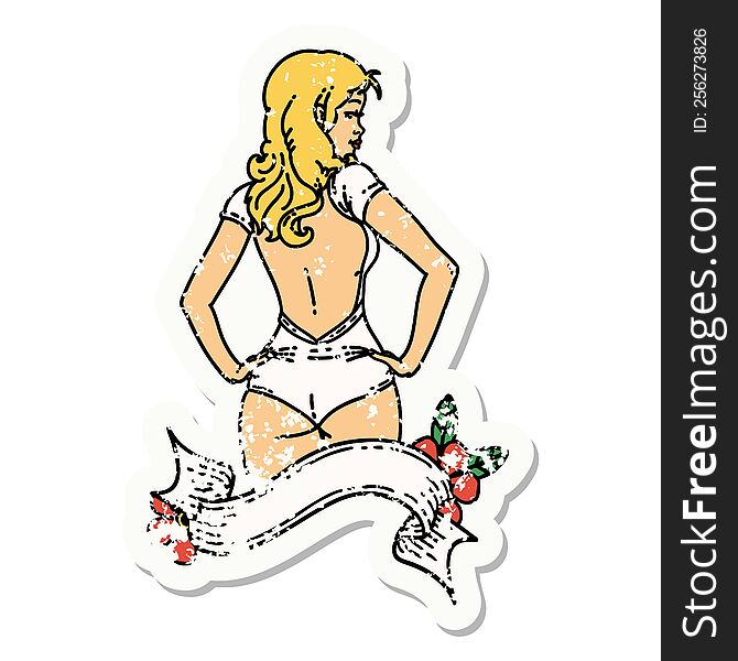 Distressed Sticker Tattoo Of A Pinup Swimsuit Girl With Banner