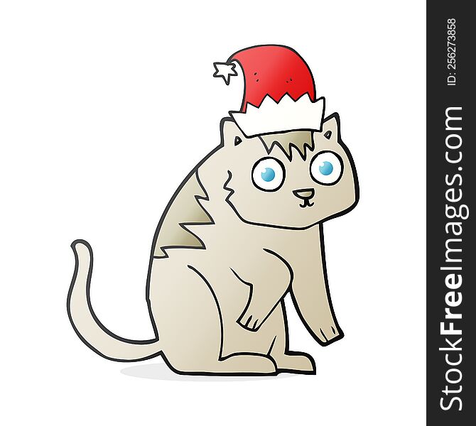 freehand drawn cartoon cat wearing christmas hat