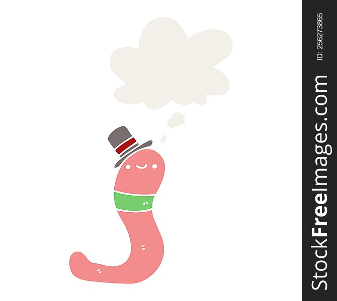 cute cartoon worm with thought bubble in retro style
