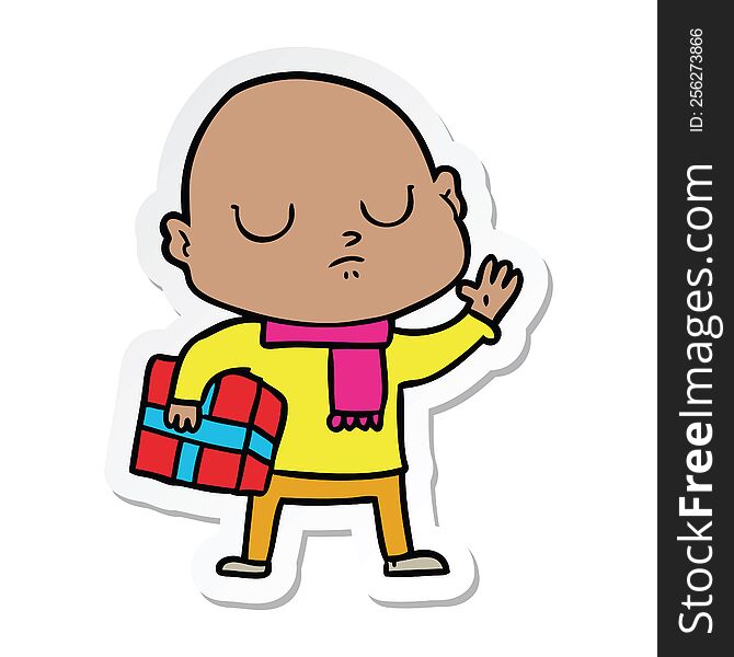 sticker of a cartoon bald man with xmas gift