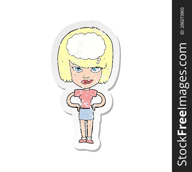 retro distressed sticker of a cartoon woman thinking
