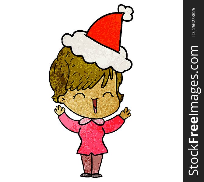 Textured Cartoon Of A Laughing Woman Wearing Santa Hat