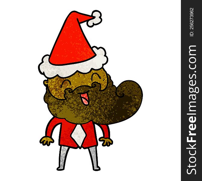 Hand Drawn Textured Cartoon Of A Happy Bearded Man Wearing Santa Hat