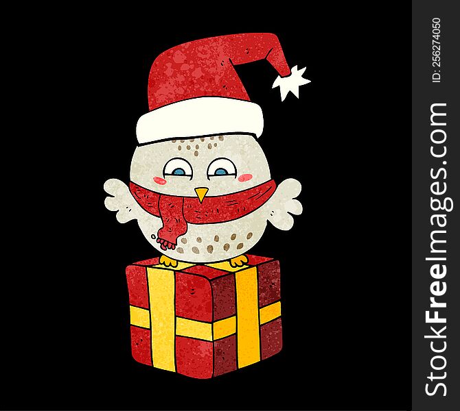 Retro Cartoon Cute Christmas Owl On Gift